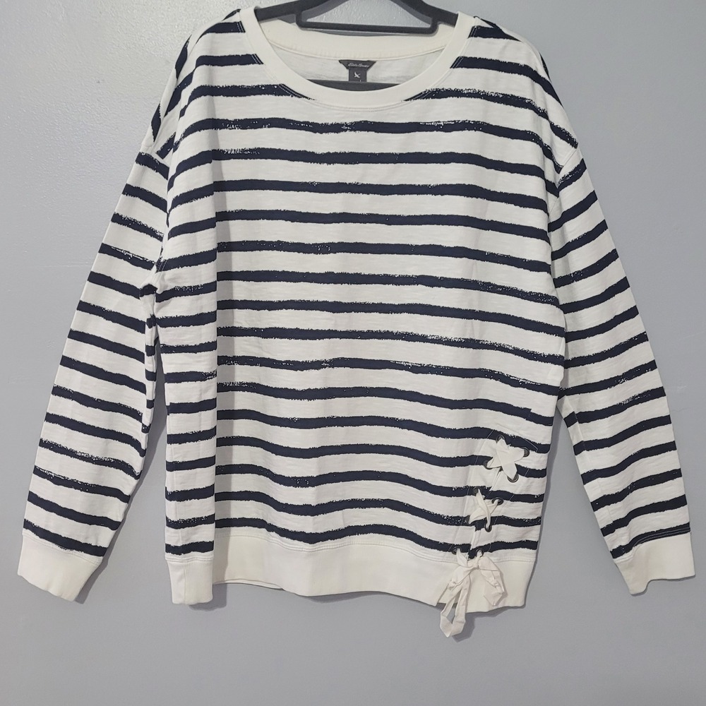 Eddie Bauer Womens Sweatshirt Large White Black Striped Side Lace Up Lightweight